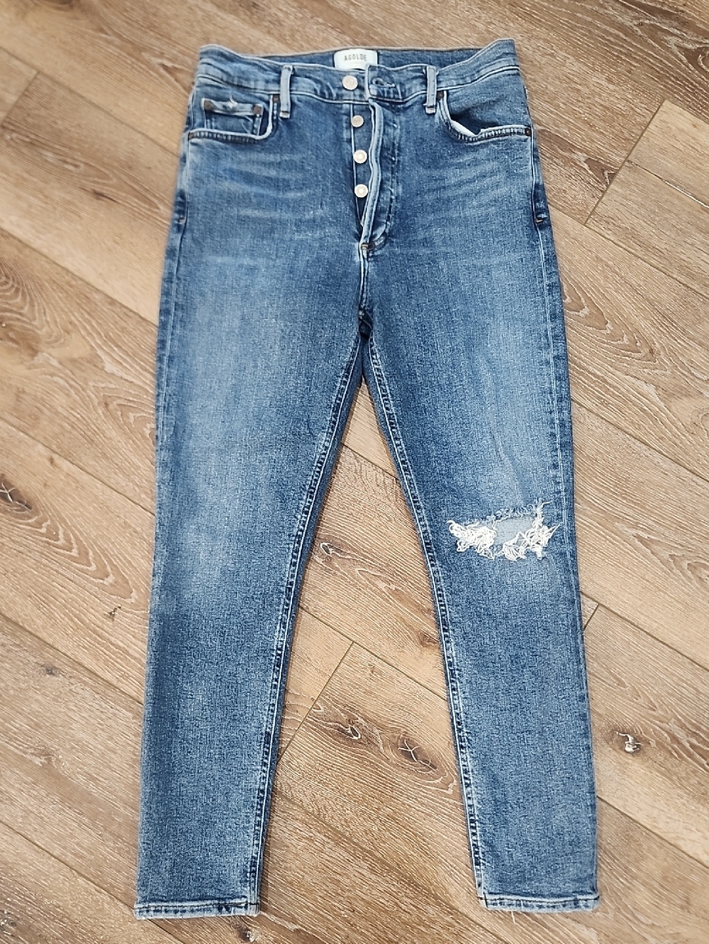 Agolde Nico Skinny Button Fly Jeans Medium Wash Premium Designer Lux Distressed